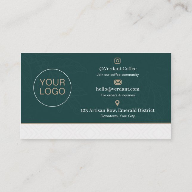 Premium Mörkgrönt Kaffebutik Logotyp Kontakt Infog Visitkort (Baksida)