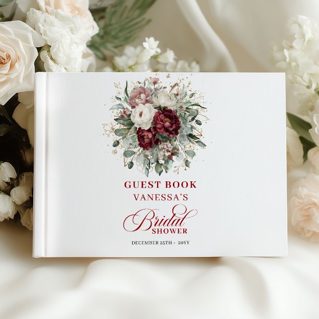 Premium Mörkröd Blommig Bröllopsfest Gästbok (Premium Deep Red Floral Bridal Shower Guest Book)