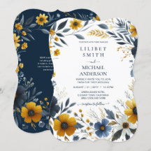 Premium Navy Blue Gult Guld Blommigt Bröllop