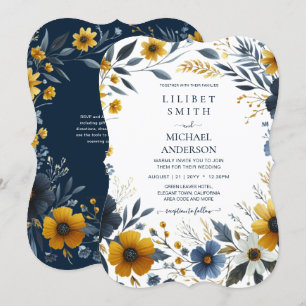 Premium Navy Blue Gult Guld Blommigt Bröllop Inbjudningar