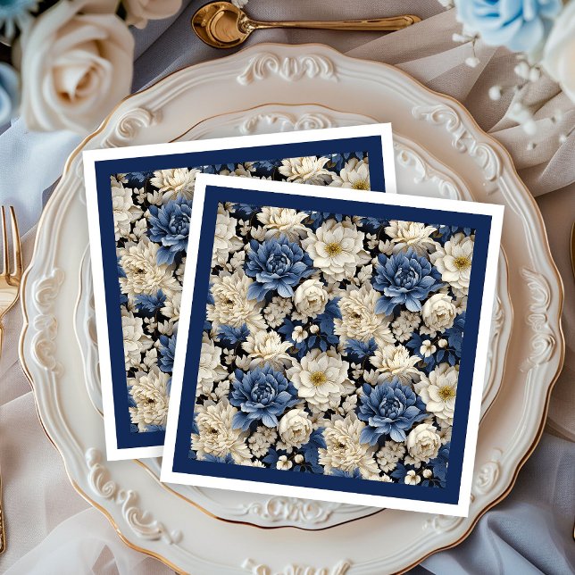 Premium Navy Vitt Blommig Lyxiga Servetter (Premium Navy White Ivory Floral Luxury Napkins)