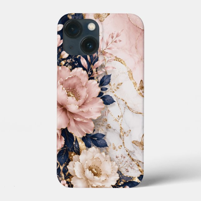 Premium Navyblå & Rosa Botanisk Marmor (Baksida)