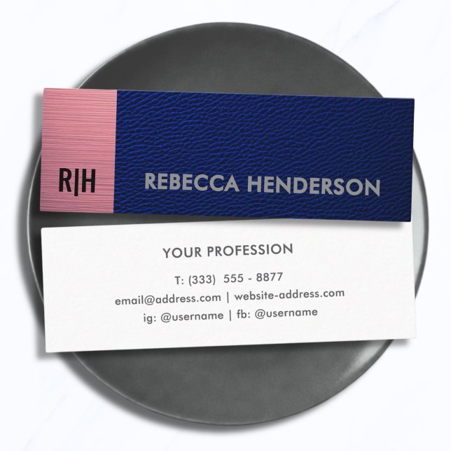 Premium Navyblått Läder & Rosa Panel Monogram Mini Visitkort (Skapare uppladdad)