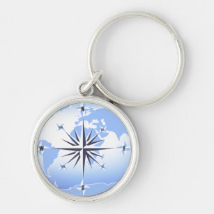Premium-Nyckelring för Blå kompass Ro-världskarta Rund Silverfärgad Nyckelring