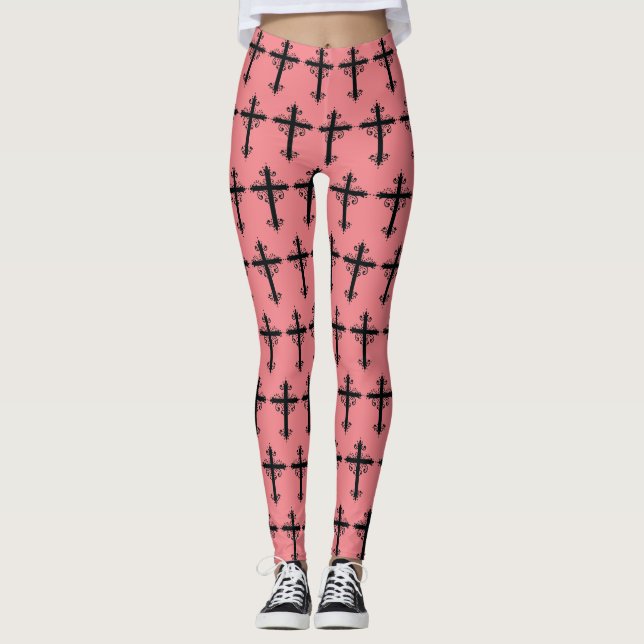 Premium Ornamentalt Snidat Kors Konst Leggings (Framsida)
