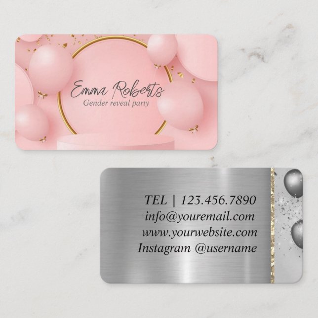 Premium Rosa Balloals Gender Reveal Party Visitkort (Fram/baksida)