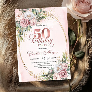 Premium Rose Gold Blommig 50-års Födelsedagsinbjud Inbjudningar