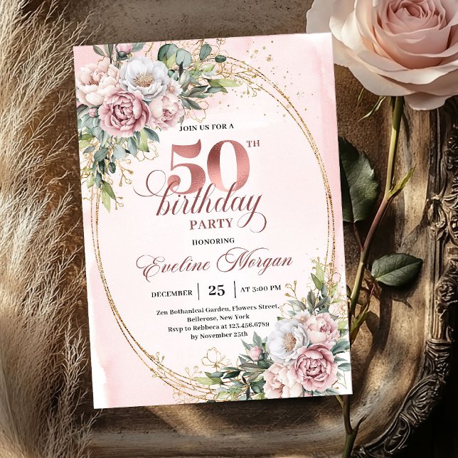 Premium Rose Gold Blommig 50-års Födelsedagsinbjud Inbjudningar (Premium Rose Gold Floral 50th Birthday Invitation)