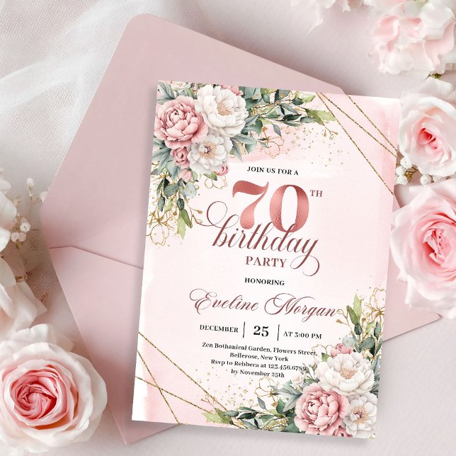 Premium Rose Gold Boho Floral 70th Birthday Invite Inbjudningar (Premium Rose Gold Boho Floral 70th Birthday Invitation)