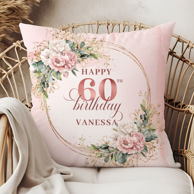 Premium Rose Gold Grönska Vattenfärg 60 födelsedag Kudde (Premium Rose Gold Greenery Watercolor 60th birthday pillow)