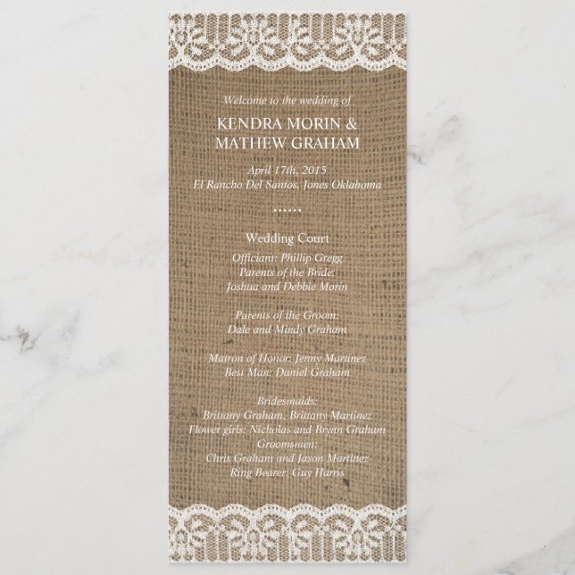 Premium Rustic Burlap Snöre Bröllopsprogrammen 4x9 Program (Framsida)