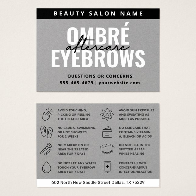 Premium Silver Grått Ombre Powder Brows Eftervård Visitkort (Framsida & baksida)