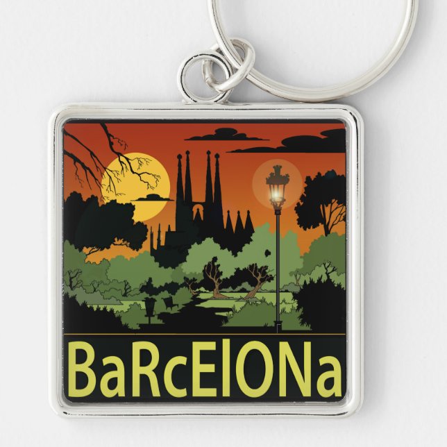 Premium Square Keychain (2,00 tum) i Barcelona Fyrkantig Silverfärgad Nyckelring (Framsidan)