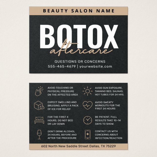 Premium svart Botox eftervårdsinstruktionskort Visitkort (Framsida & baksida)