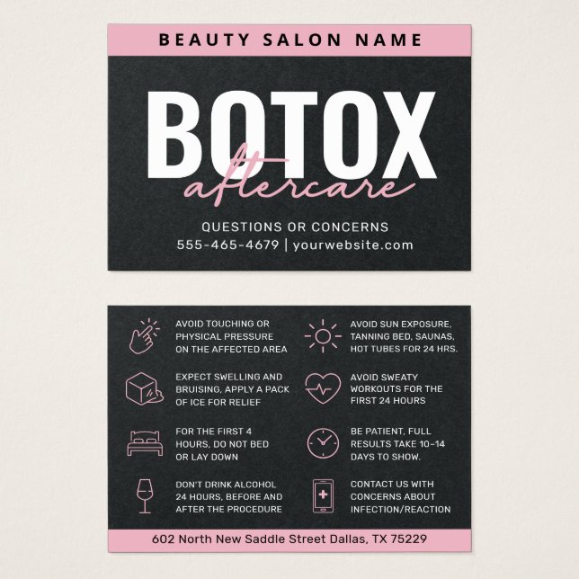 Premium svart Botox eftervårdsinstruktionskort Visitkort (Framsida & baksida)