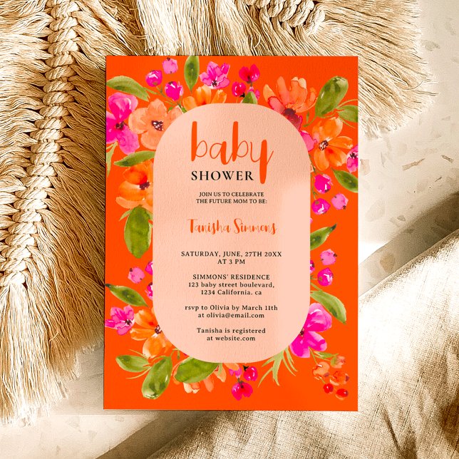 Prenskdusch för Fall REtro orange rosa blommigt Inbjudningar (Fall boho pink orange floral script baby shower invitation on orange)