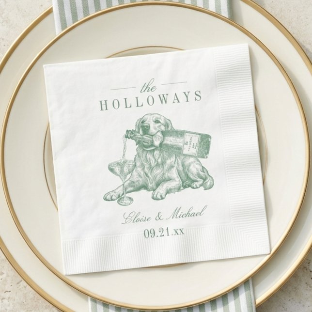 Preppar mörkgrön golden retriever bröllop pappersservett (Preppy Sage Green Golden Retriever Wedding Napkins)