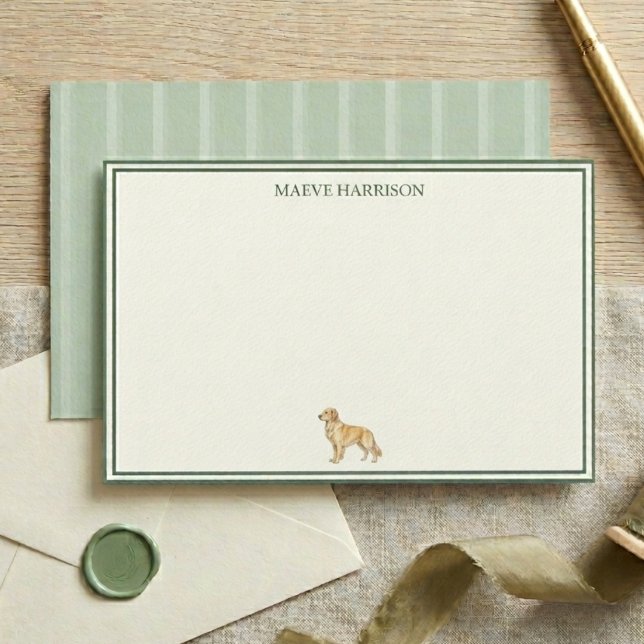 Prepparad ljusgrön rand Golden Retriever Brevpapper (Preppy Sage Green Stripe Golden Retriever Stationery)