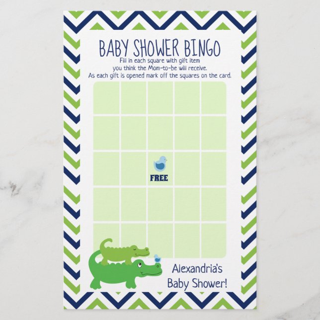 Preppy Alligator Baby Shower Bingo-spel (Framsida)