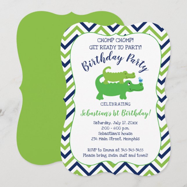 Preppy Alligator Crocodile Boy Birthday-inbjudan Inbjudningar (Fram/baksida)