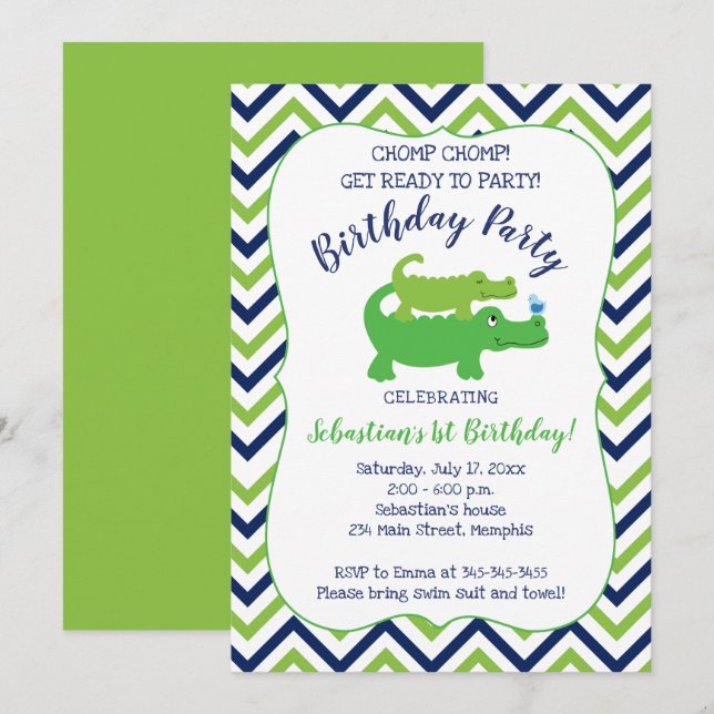 Preppy Alligator Crocodile Boy Birthday-inbjudan Inbjudningar (Fram/baksida)