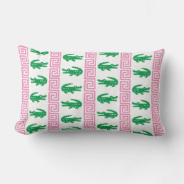 Preppy Alligator Greek Key-randig – Rosa & Grön Lumbarkudde