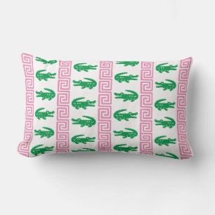 Preppy Alligator Greek Key-randig – Rosa & Grön Lumbarkudde
