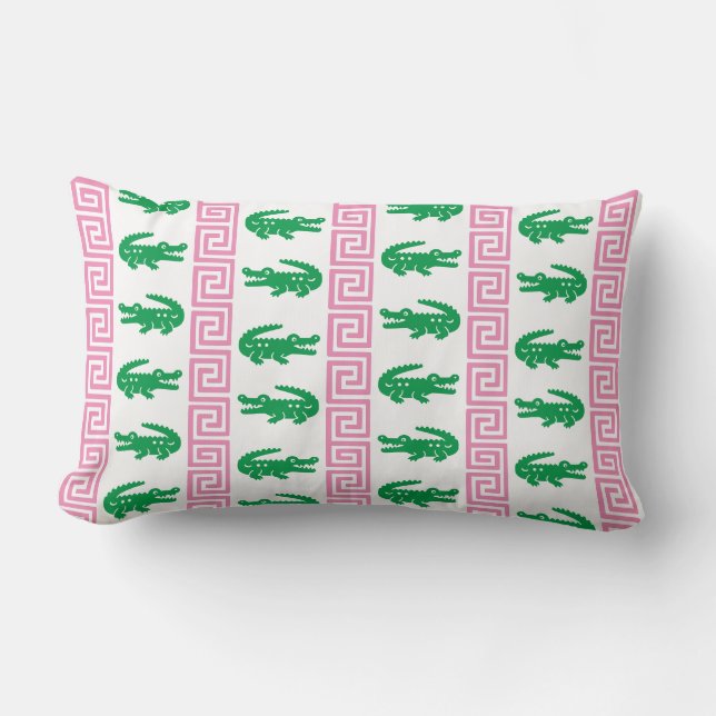 Preppy Alligator Greek Key-randig – Rosa & Grön Lumbarkudde (Framsida)