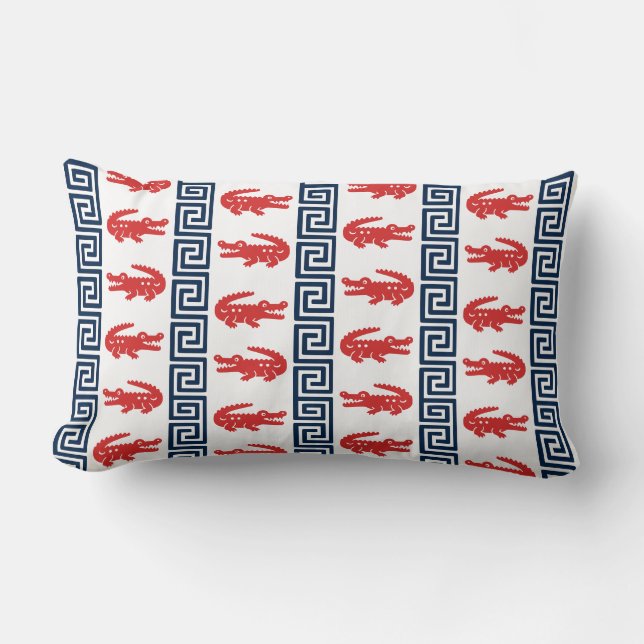 Preppy Alligator Greek Key Stripe – Red & Navy   Lumbarkudde (Framsida)