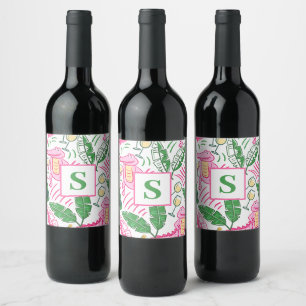 Preppy Alligator Vin Rosa Grönt Monogram Vinflaska Etikett