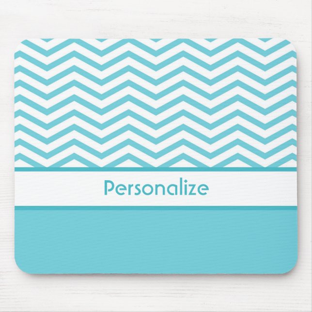 Preppy Aqua Blue och White Chevrons med Namn Musmatta (Framsidan)