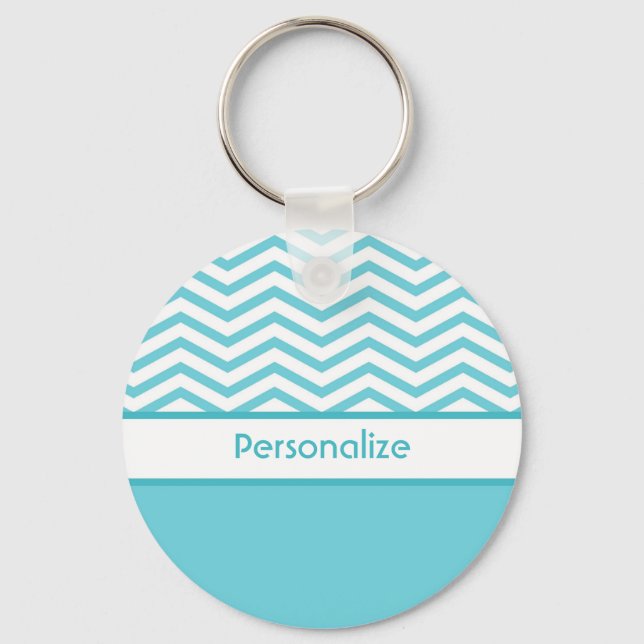 Preppy Aqua Blue och White Chevrons med Namn Nyckelring (Framsida)
