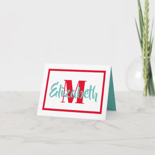 Preppy Aqua och Red Monogram Anteckningskort (Framsida)