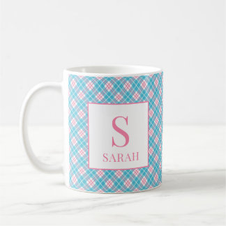 Preppy Argyle Pink Blue Custom Name Kaffemugg