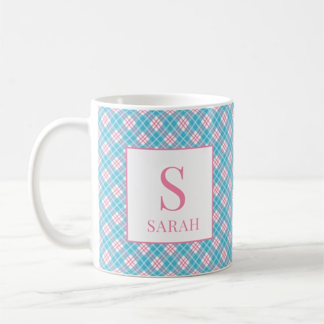 Preppy Argyle Pink Blue Custom Name Kaffemugg (Vänster)