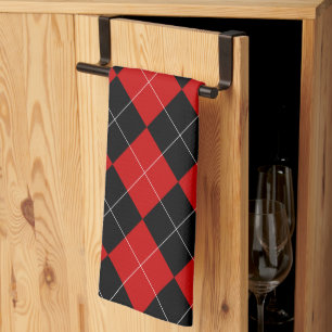 Preppy Argyle Tartan Diamond Play Red Black Kökshandduk