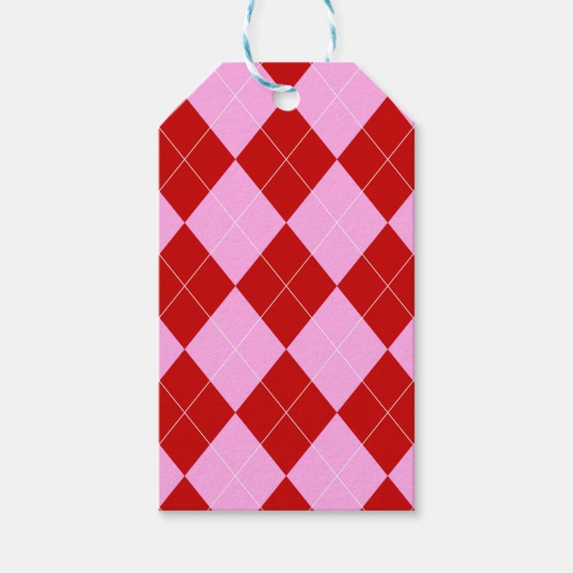 Preppy Argyle Tartan Diamond Play Red Rosa Presentetikett (Framsidan)