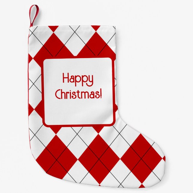 Preppy Argyle Tartan Diamond Play Red White Liten Julstrumpa (Framsidan)