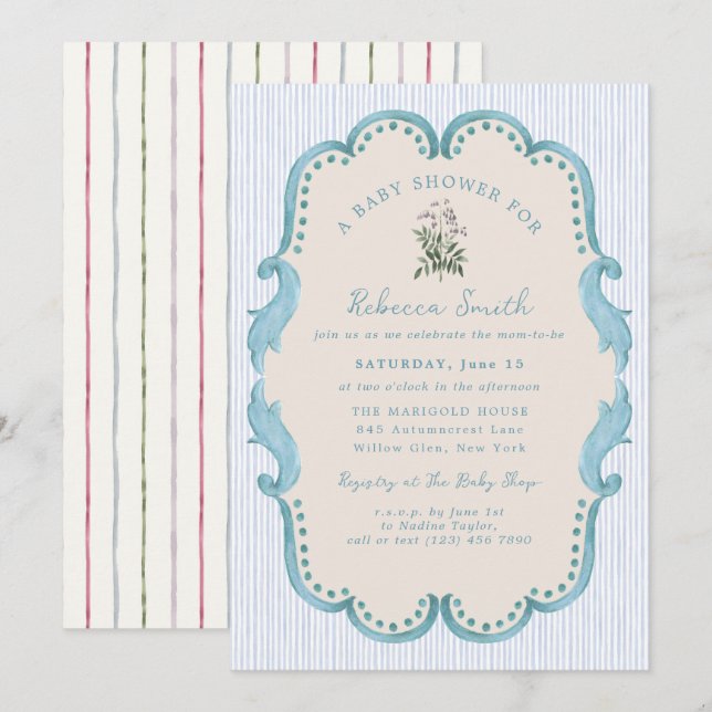 Preppy Baby Boy Blue Grandmillennial Baby Shower Inbjudningar (Fram/baksida)