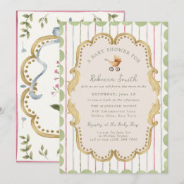 Preppy Baby Carriage Grandmillennial Baby Shower Inbjudningar