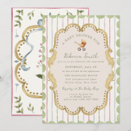 Preppy Baby Carriage Grandmillennial Baby Shower Inbjudningar