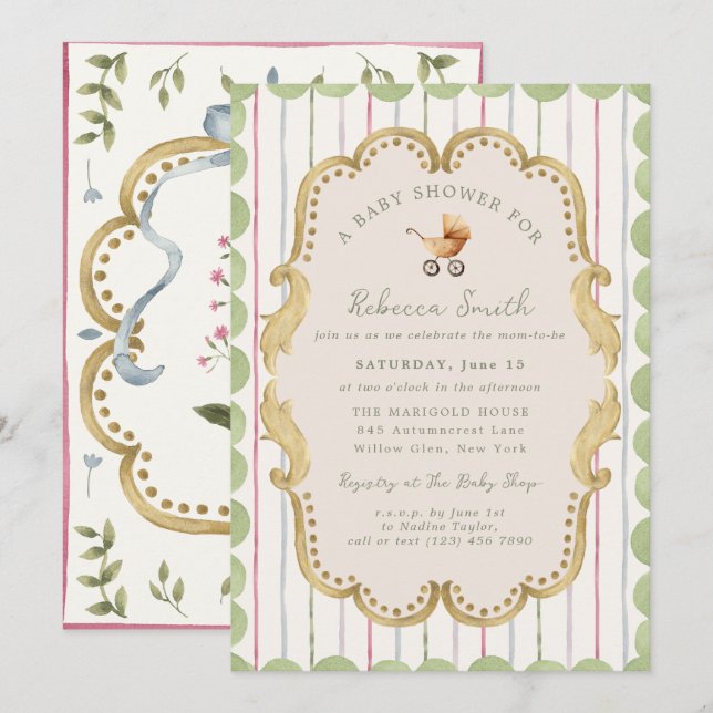 Preppy Baby Carriage Grandmillennial Baby Shower Inbjudningar (Fram/baksida)