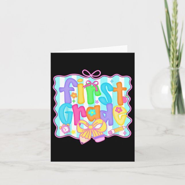 Preppy Back To School 1st Grade Coquette Bow Flick Kort (Framsida)
