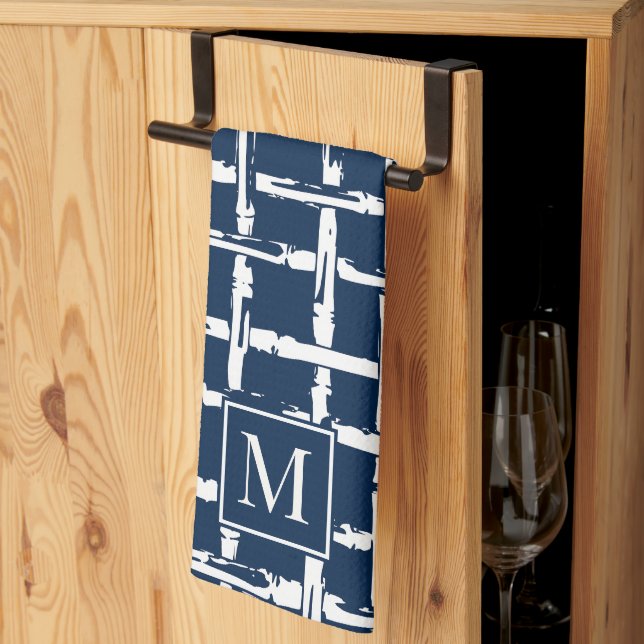 Preppy Bamboo – Navy Coastal Monogram Kökshandduk (Thirds Fold)