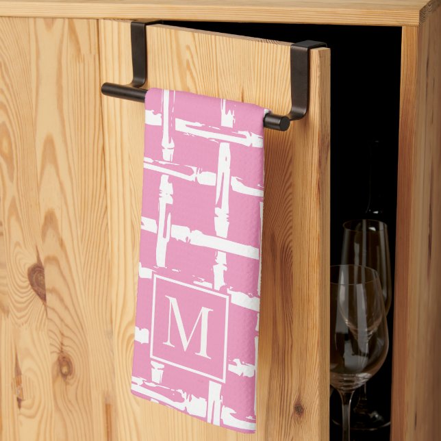 Preppy Bamboo – Rosa Kustmonogram Kökshandduk (Thirds Fold)