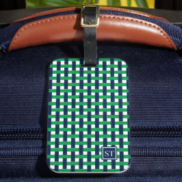 Preppy Basket Weave – Navy & Green Monogram Bagagebricka