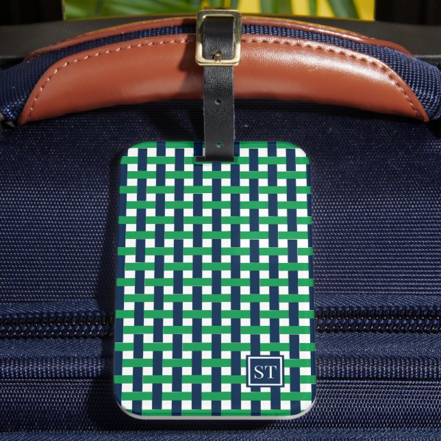 Preppy Basket Weave – Navy & Green Monogram Bagagebricka (Framsida Insitu 2)