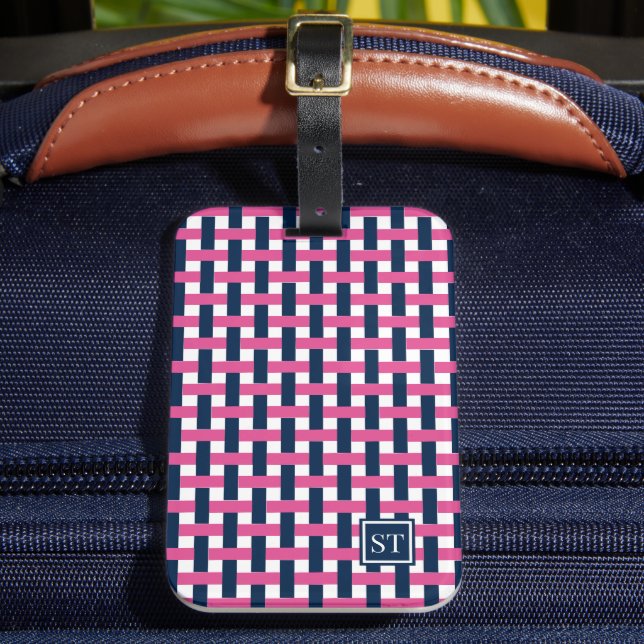 Preppy Basket Weave – Navy & Hot Pink Monogram Bagagebricka (Framsida Insitu 2)