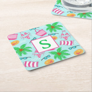 Preppy Beach Handflatan Träd Monogram Underlägg Papper Kvadrat