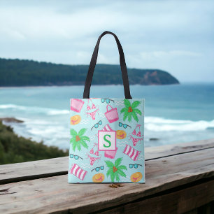 Preppy Beach Scene Bikini Towel Handflatan Träd To Tygkasse